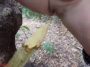 Perverted Slut Squirts Piss From Wooden Stake In Outdoor Forest Bbw Homemade Action