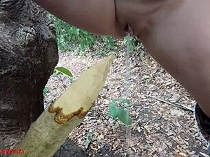 Perverted Slut Squirts Piss From Wooden Stake In Outdoor Forest Bbw Homemade Action