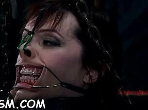 hey, why is this gagged babe bound and needing her tight cunt pleasured so roughly in bdsm action?