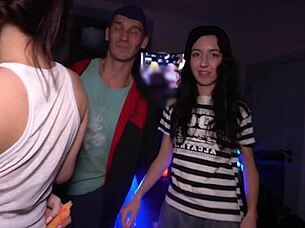 Three busty babes join college party for rough gangbang sex. They get cum in mouth after intense fucking.