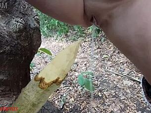 Perverted Slut Squirts Piss From Wooden Stake In Outdoor Forest Bbw Homemade Action