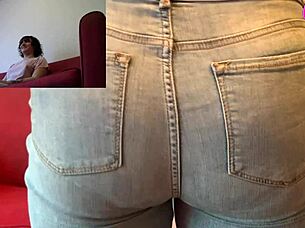 Spanking chubby Nebraska college student in jeans over the knee with strap on her curvy ass