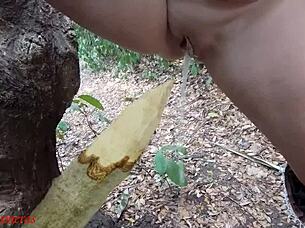 Perverted Slut Squirts Piss From Wooden Stake In Outdoor Forest Bbw Homemade Action