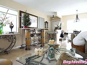 Horny cougar Nina Dolci kneels to suck and milk young stud's huge cock roughly.