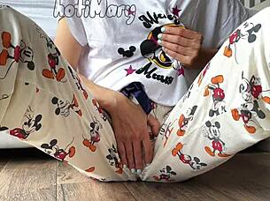 This skinny teen 18+ in pajamas shows off small tits while masturbating close up to a squirting orgasm.