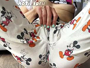 This skinny teen 18+ in pajamas shows off small tits while masturbating close up to a squirting orgasm.