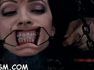 hey, why is this gagged babe bound and needing her tight cunt pleasured so roughly in bdsm action?