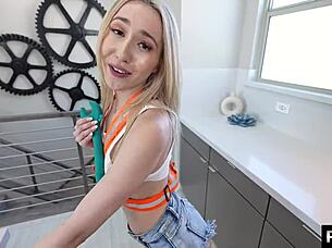 Petite blonde handyslut drains a monster cock with her tight wet pussy in a wild creampie session.