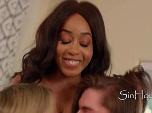 perfect ebony tits and a tiny wild girl team up in a hot 3some to save that couch humper 😈