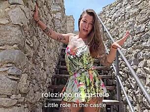 brazilian couple flashes and fucks in european tourist castle during outdoor adventure