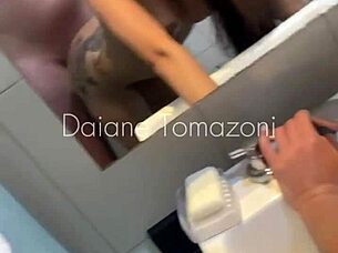 In the college bathroom, a steamy encounter unfolds with a classmate in fishnets.