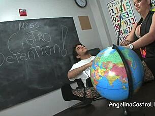 Oh wow, busty Latina Angelina Castro gives footjob and blowjob in classroom threeway with curvy BBW fetish fun!