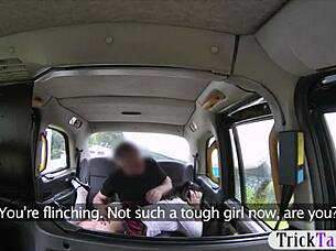 Young brunette in uniform railed by fake driver outdoors