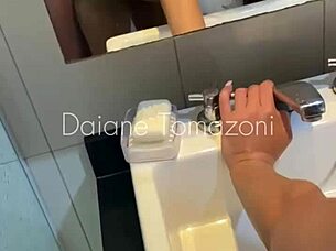 In the college bathroom, a steamy encounter unfolds with a classmate in fishnets.