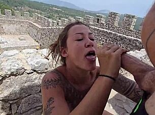 brazilian couple flashes and fucks in european tourist castle during outdoor adventure