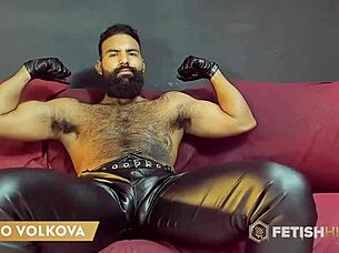 viggo volkova, the robust hairy stud, gets freaky with leather gloves in a close-up solo session, using toys on his muscular body and asshole.