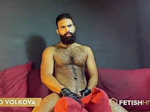 viggo volkova, the robust hairy stud, gets freaky with leather gloves in a close-up solo session, using toys on his muscular body and asshole.