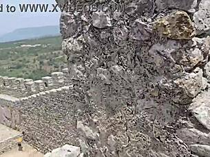 brazilian couple flashes and fucks in european tourist castle during outdoor adventure