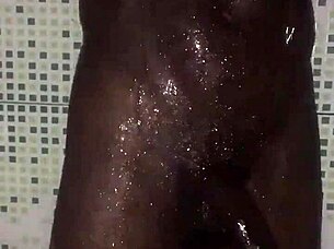 Amateur guy strokes big black cock solo before jumping into quick shower for cleanup