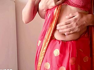 Nepali couple suggests intimate moments in sari at home with girlfriend vibes.