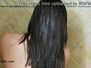 Enchanting brunette beauty took a steamy shower after her photoshoot session on the sofa 😍