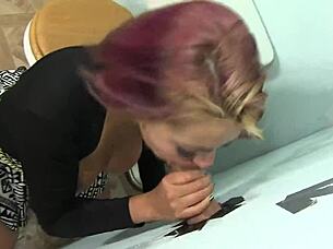 mali luna gets her wet pussy played with while sucking huge glory hole cock