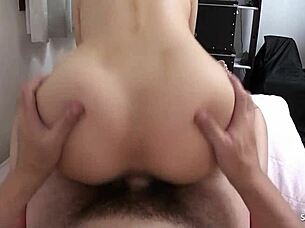 Slim Japanese teen 18+ with big bouncing boobs gets creampie in hairy pussy by older man.