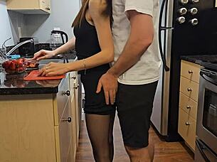 hey petite girl in black dress gets fucked hard on kitchen desk 😈🍑