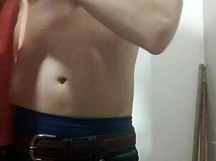 Young skinny amateur undresses for intense solo cock masturbation in bathroom.