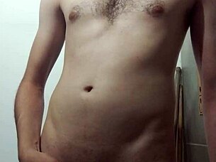 Young skinny amateur undresses for intense solo cock masturbation in bathroom.