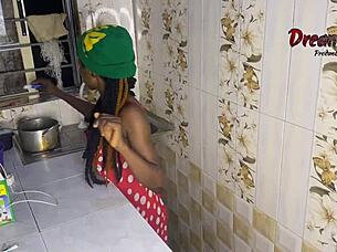 Two lovers connect intimately in the kitchen for a full video experience on red.