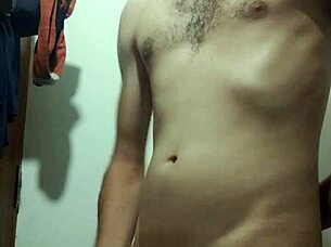 Young skinny amateur undresses for intense solo cock masturbation in bathroom.