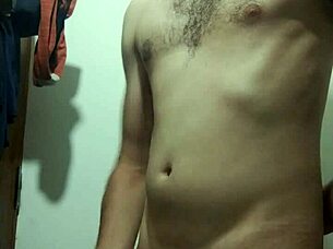 Young skinny amateur undresses for intense solo cock masturbation in bathroom.