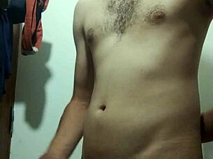 Young skinny amateur undresses for intense solo cock masturbation in bathroom.