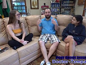 Dr Tampa examines patient Mira Monroe with sounding tools in hospital behind the scenes