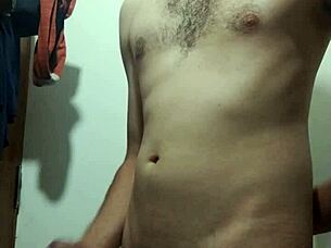 Young skinny amateur undresses for intense solo cock masturbation in bathroom.