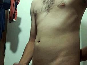 Young skinny amateur undresses for intense solo cock masturbation in bathroom.