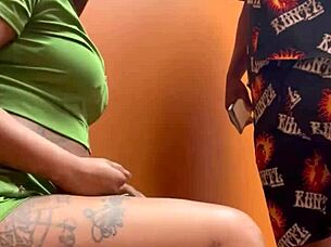 Oh damn, can you believe I'm fucking this ebony co-worker with my big black cock in the work bathroom, making her wet pussy drip?