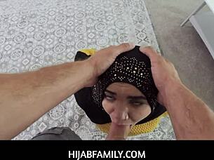 Arab pornstar Naudi Nala in hijab gives deepthroat blowjob and handjob