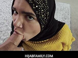 Arab pornstar Naudi Nala in hijab gives deepthroat blowjob and handjob