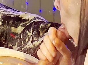 Milking His Uncut Cock with Intense Mouth Action