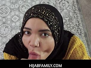 Arab pornstar Naudi Nala in hijab gives deepthroat blowjob and handjob