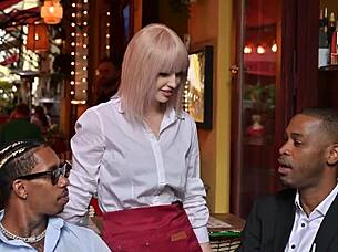 Cute blonde waitress Eliz Benson secretly craves BBC hookups for wild double penetration thrills. She rides cowgirl and takes facial cumshots in intense interracial pounding.