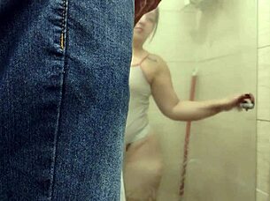 Wife boldly teases electrician into intense shower fucking hidden from husband