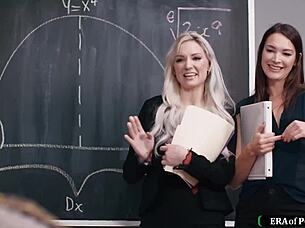 Milf Teachers Catch Colleague Jerking Off In Classroom And Join For Hairy Pussy Licking 3some