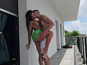 Oh my god my neighbor with that huge cock just fucked me standing bent over on the balcony