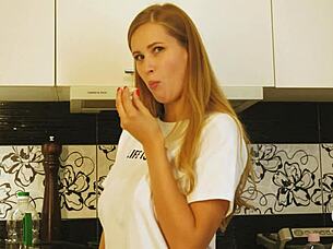 Sexy blonde EATS egg in food FETISH video