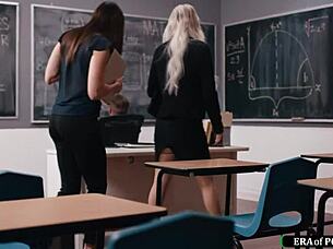 Milf Teachers Catch Colleague Jerking Off In Classroom And Join For Hairy Pussy Licking 3some