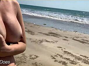 Hey wife, why are you walking around the public beach fully nude showing off those big tits?