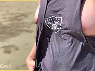 Hey wife, why are you walking around the public beach fully nude showing off those big tits?